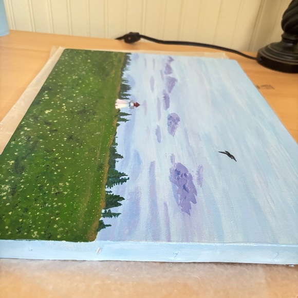 16 x 12 Original Lighthouse island PEI acrylic on canvas painting field sky bird - Picture 7 of 7